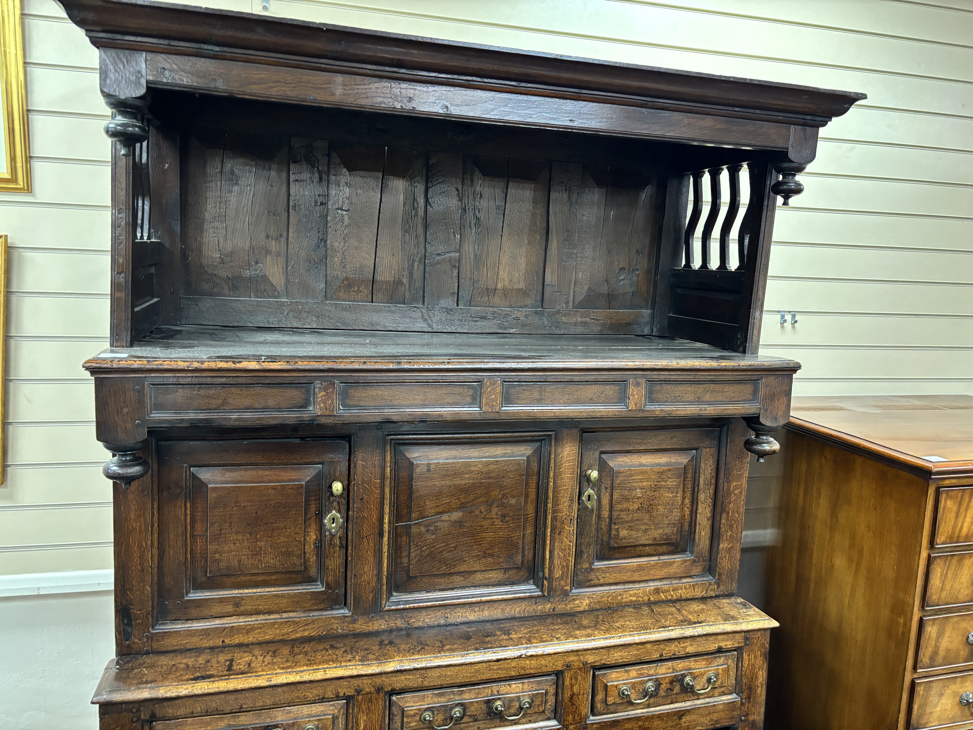 A mid 18th century Welsh oak Cwprdd Tridarn, width 136cm, depth 55cm, height 204cm